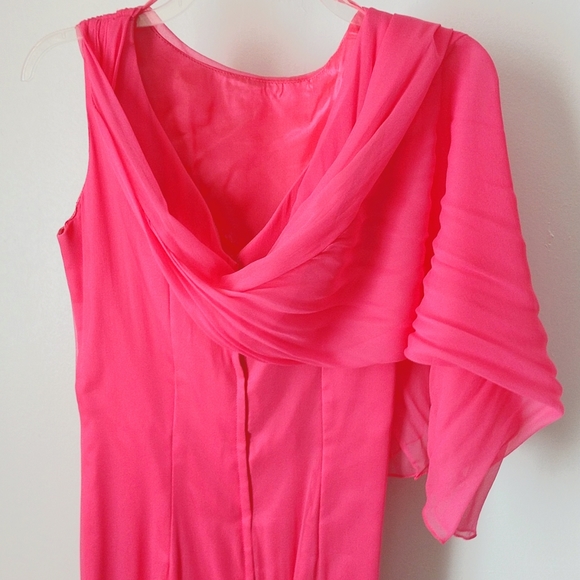 Z 1950-60s VINTAGE Salmon SILK CHIFFON Cocktail Dress w Attached Sheath Drape - Picture 3 of 10